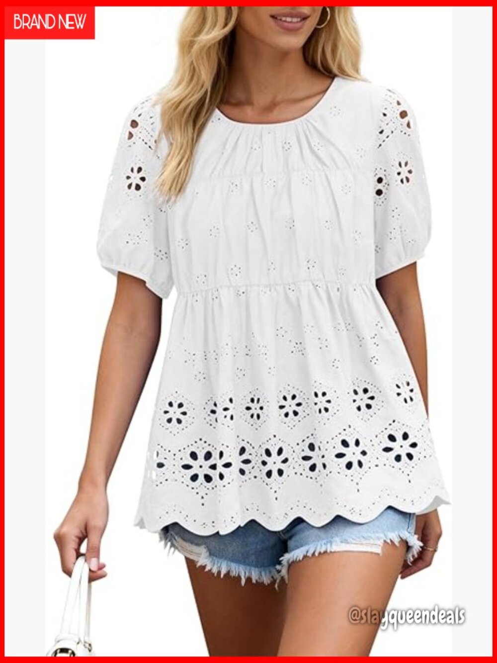 Eyelet Puff Sleeve Smocked Peplum Blouse Flowy Summer Top